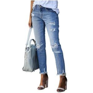 Blue distressed mid rise raw cuff bootcut jeans